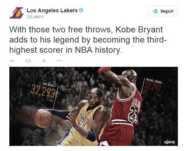 Le llueven felicitaciones a Kobe Bryant por viva basquet