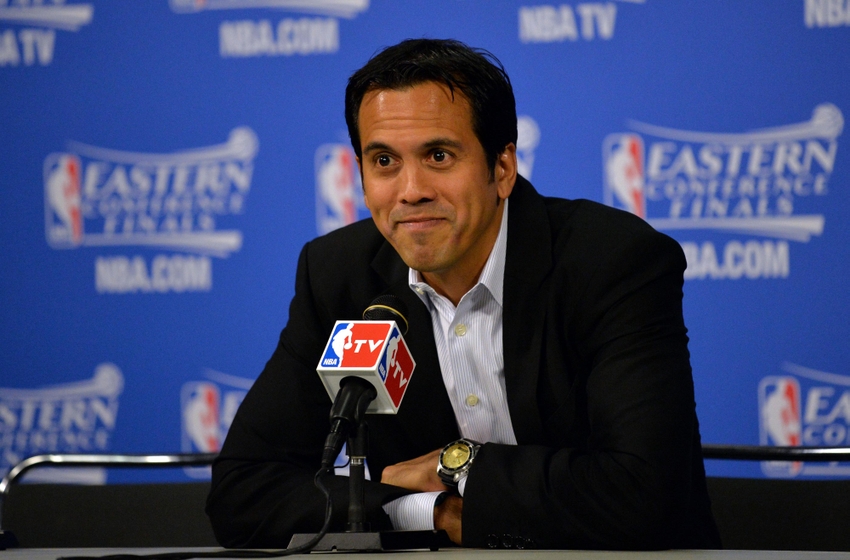 May 30, 2014; Miami, FL, USA; Miami Heat head coach Erik Spoelstra at a press conference before game six of the Eastern Conference Finals of the 2014 NBA Playoffs against the Indiana Pacers at American Airlines Arena. Mandatory Credit: Steve Mitchell-USA TODAY Sports