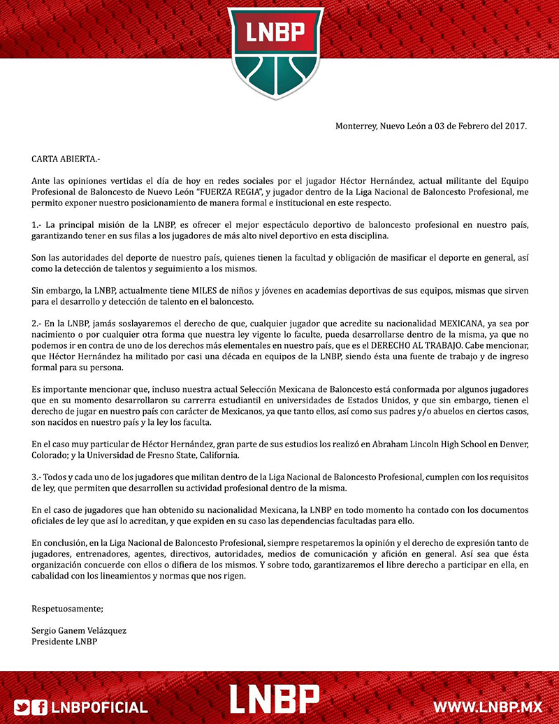 carta de Respuesta de la LNBP a Héctor Hernández