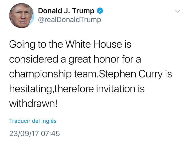 Los Warriors no irán a la Casa Blanca, aqui el comentario de trump en twitter